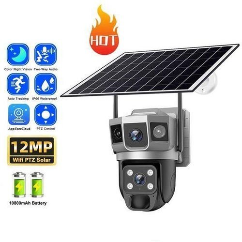 Camera Surveillance Wifi 4K 12MP - Solaire PTZ 355° AI Détection Humaine - 3 Objectifs