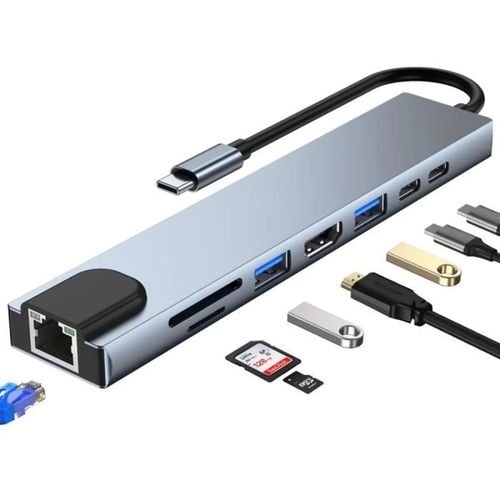 Adaptateur Type-C 8 En 1 Vers HDMI, VGA, RJ45, USB 3.0