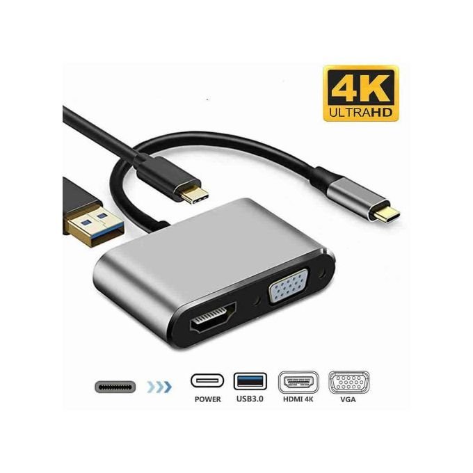 Adaptateur 4 En 1 - USB Type C Male Vers HDMI & VGA + USB-C & USB 3.0 